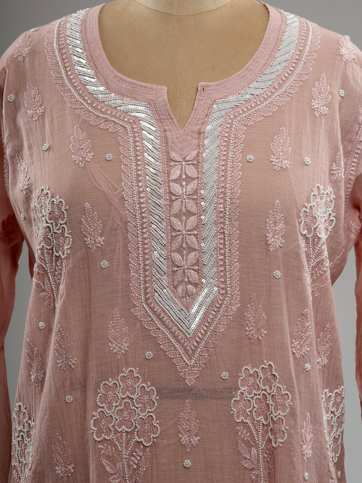 Pearl-Embellished Chikankari Kurti