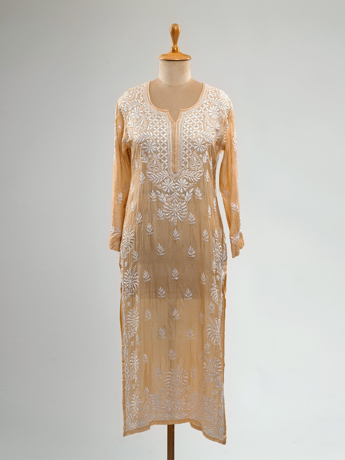 Pure Silk Beige Chikankari Kurti
