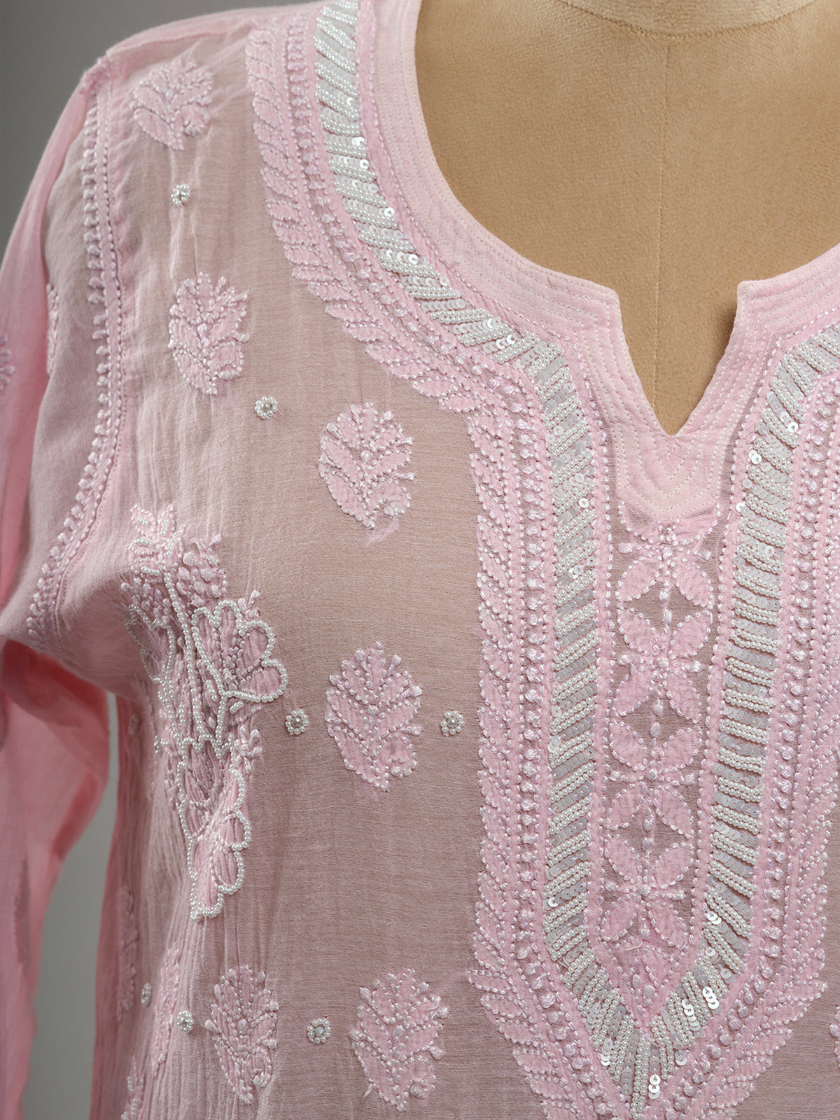 Pearl-Embellished Chikankari Kurti