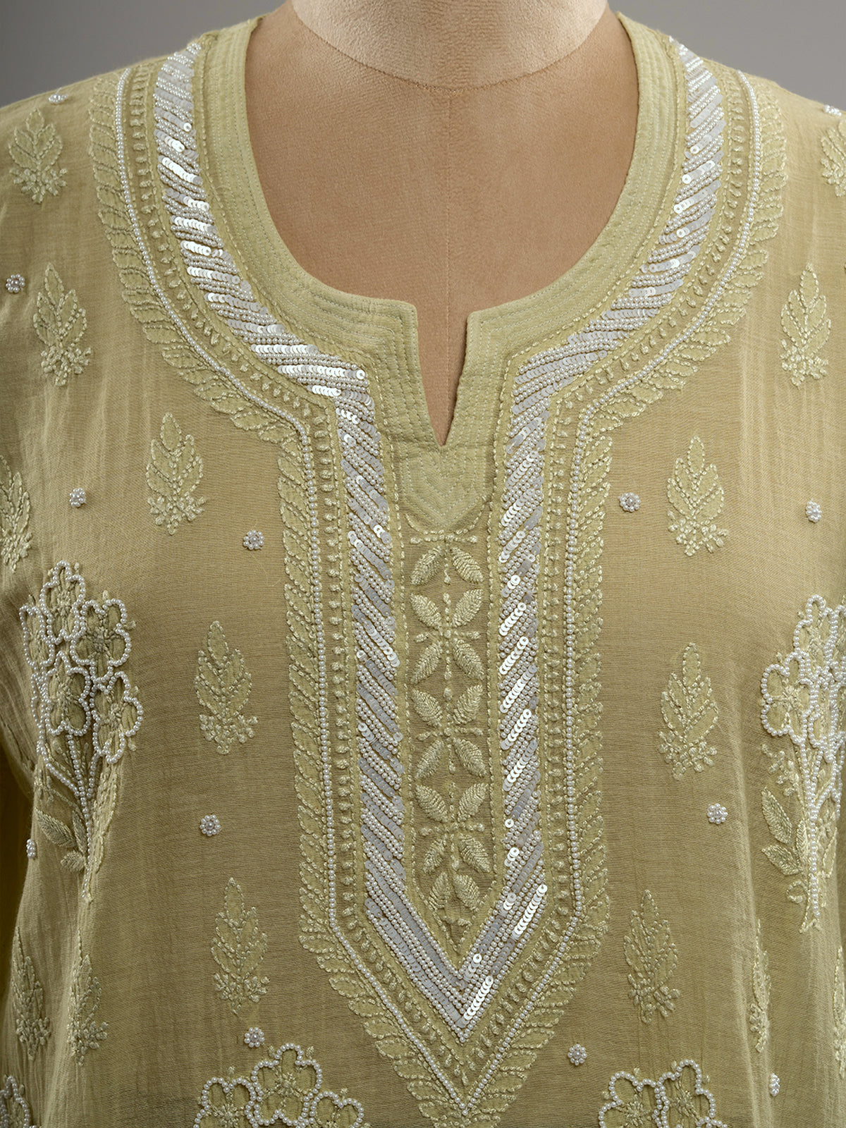 Pearl-Embellished Chikankari Kurti