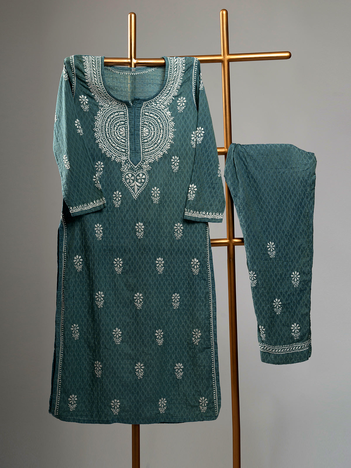 Teal Chanderi Chikankari Set