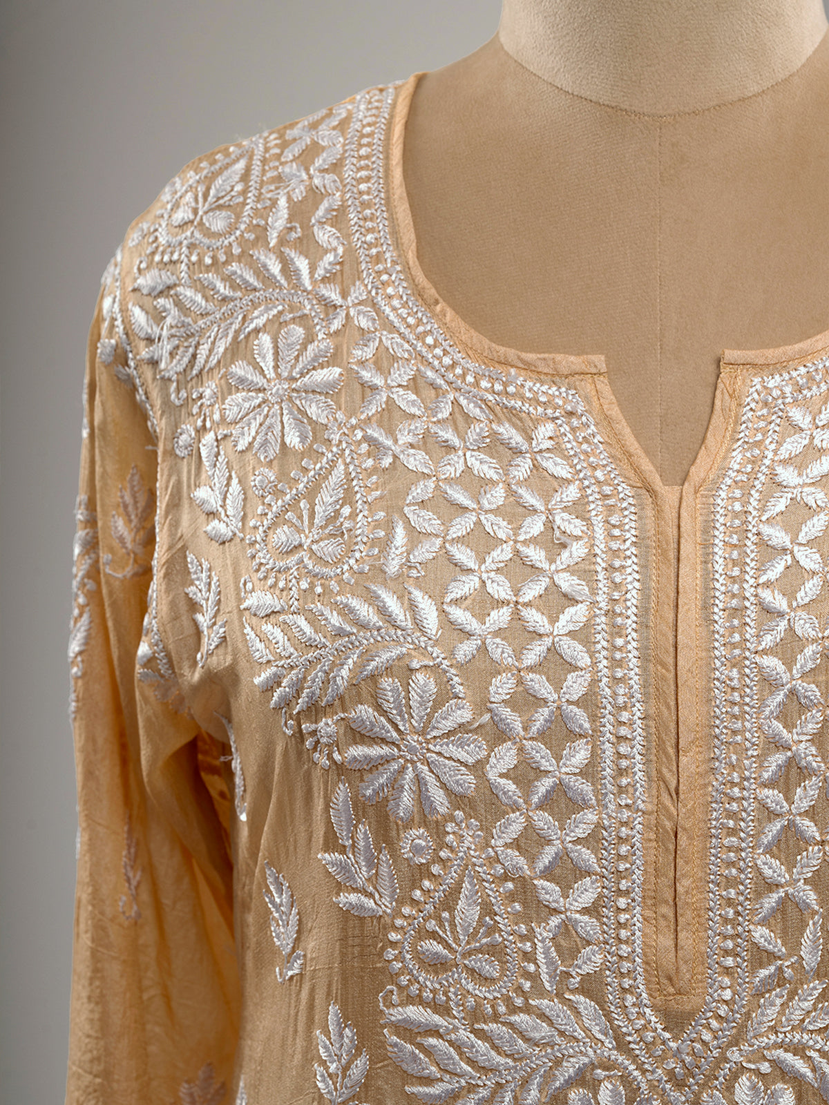 Pure Silk Beige Chikankari Kurti