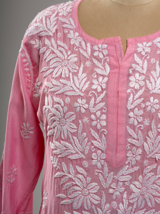 Pink Chanderi Chikankari Kurti