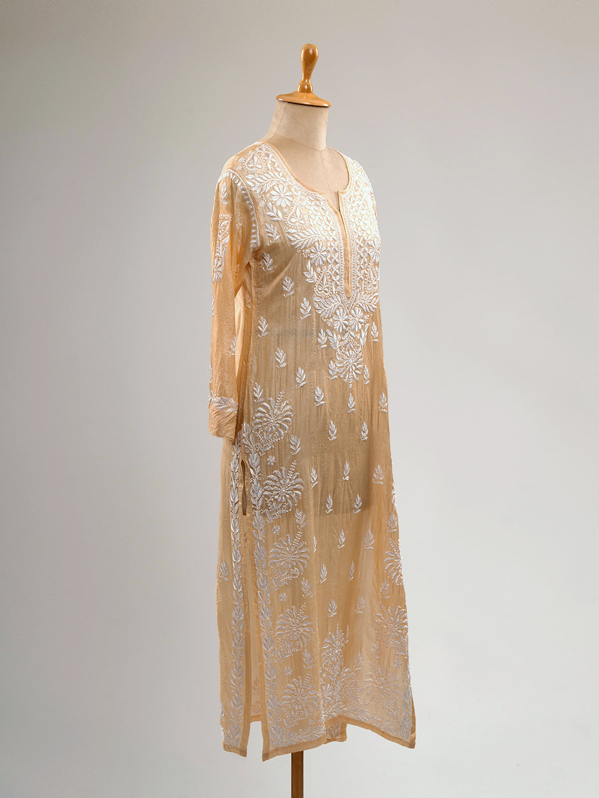 Pure Silk Beige Chikankari Kurti
