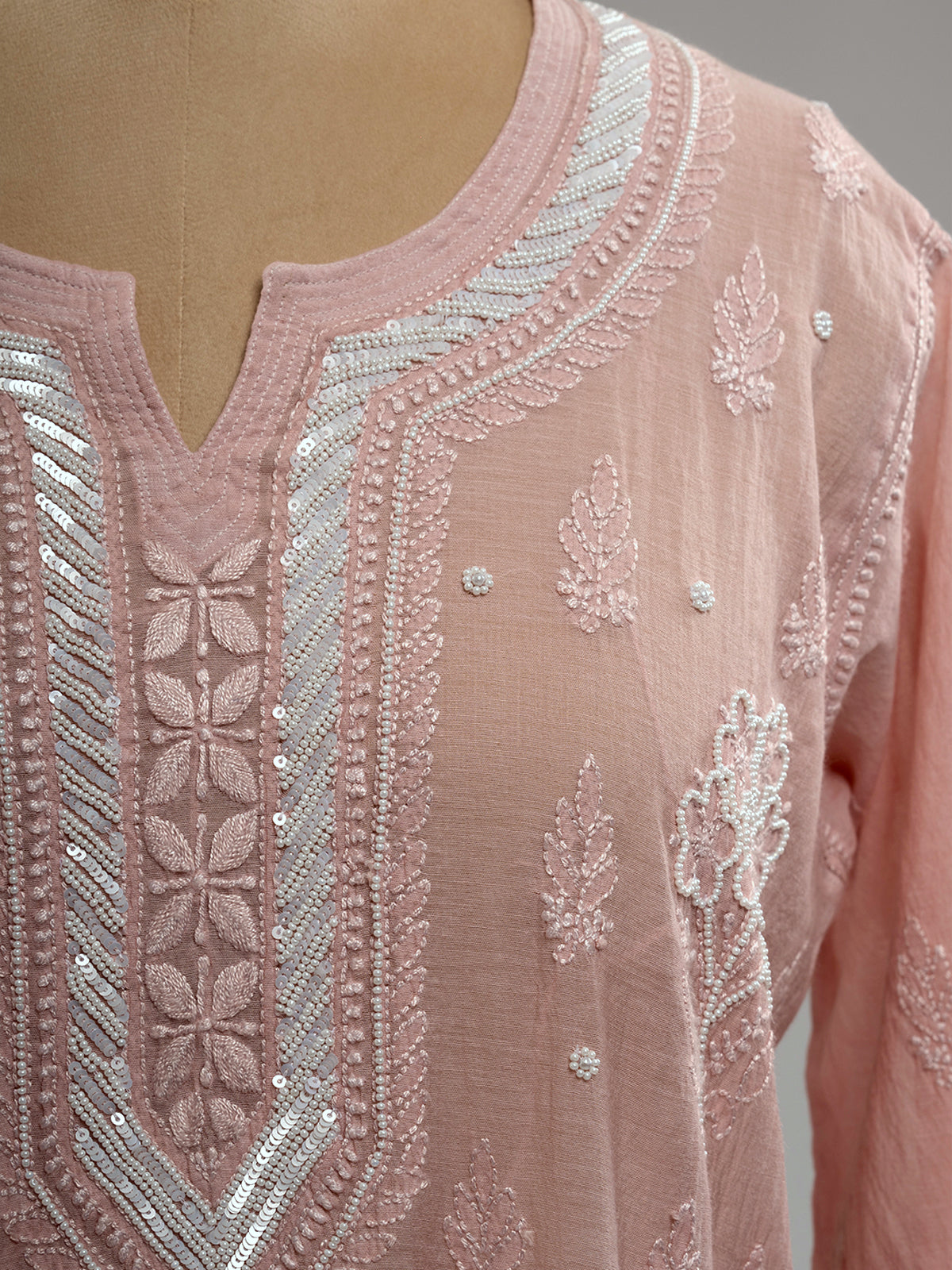 Pearl-Embellished Chikankari Kurti