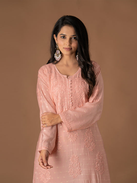 Chanderi Banarasi Butti Chikankari Kurti