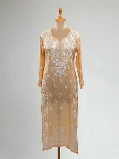 Pure Silk Beige Chikankari Kurti