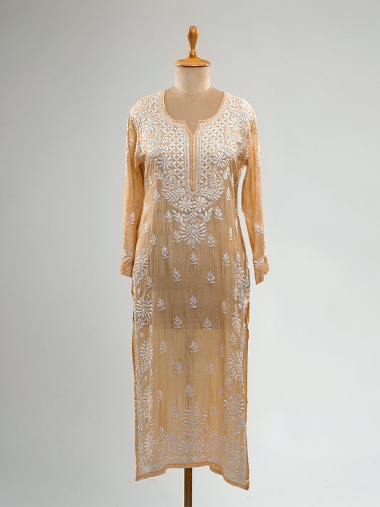 Pure Silk Beige Chikankari Kurti