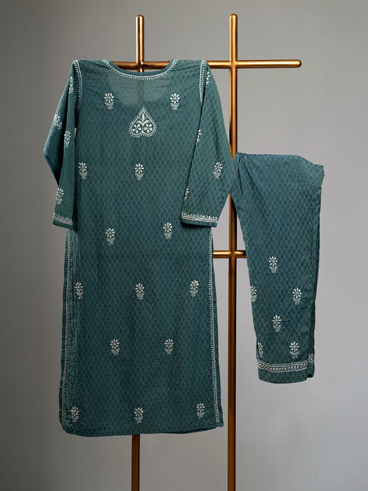 Teal Chanderi Chikankari Set