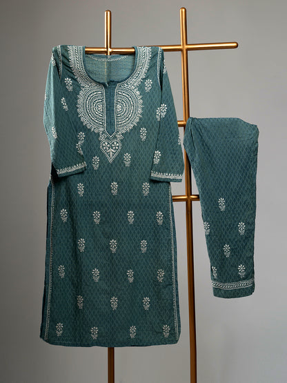 Teal Chanderi Chikankari Set