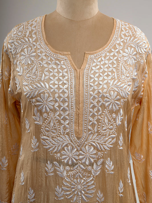 Pure Silk Beige Chikankari Kurti
