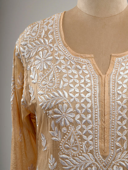 Pure Silk Beige Chikankari Kurti