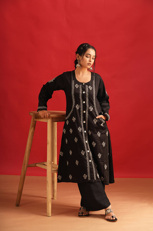 Black Pataudi Chikankari Kurta
