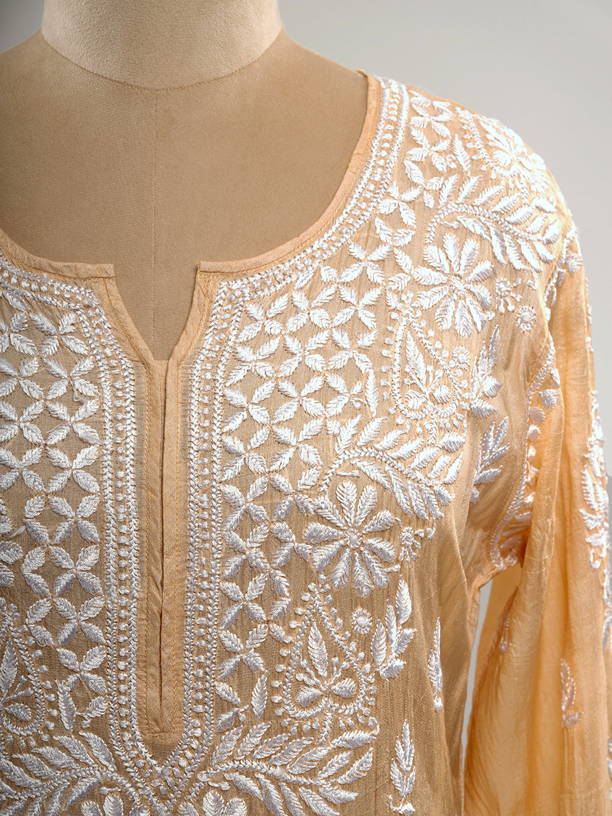 Pure Silk Beige Chikankari Kurti