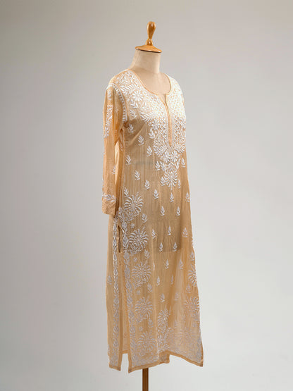 Pure Silk Beige Chikankari Kurti